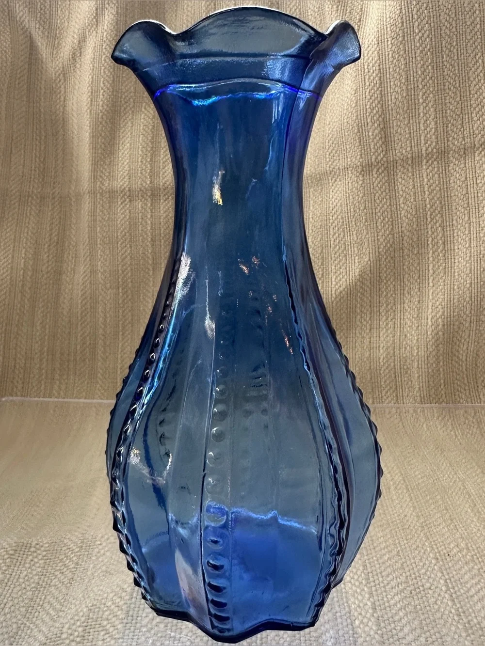 Vintage Indiana Glass Cobalt Blue Beaded Ribbed Vase With Ruffle Rim Edge USA 7